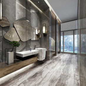 现代酒店公共卫生间 洗手台 金属镜子 艺术吊灯 造型墙饰面